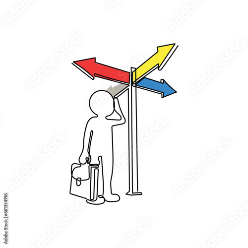 man with arrow. Line art concept character of a man with briefcase and confused about direction. Corporate setting and decision making concept.