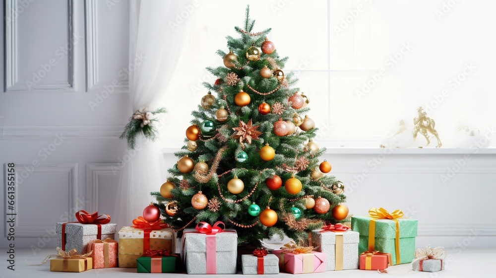 Merry Christmas, Green christmas tree and gift, Generative ai.