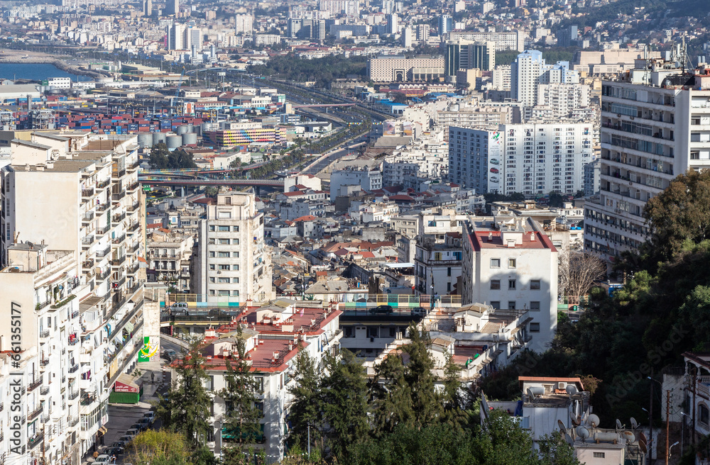 Algiers, Alger, Algeria : Aerial view of the white busy town center of Algiers, Alger, Algeria.