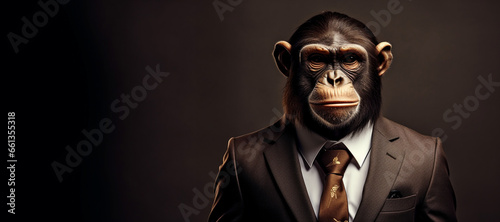 monkey in a business suit beige background. generative ai.
