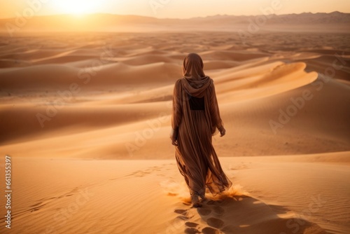 Arabic woman walking on sand dunes at sunset