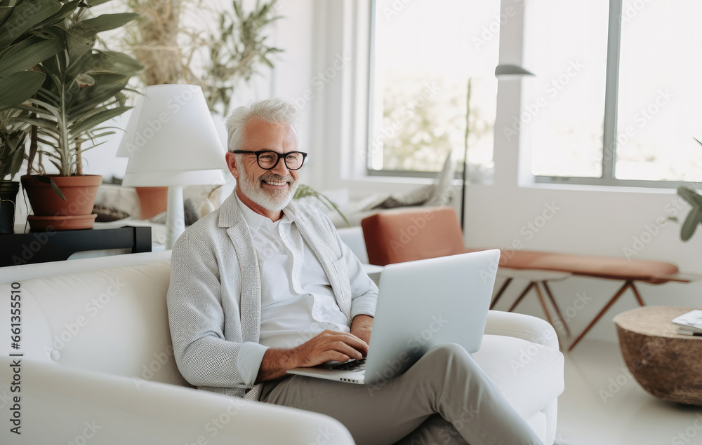 Portrait of a relaxed senior man laughing while using his laptop at home. Modern lifestyle of the elderly people. Portrait of a relaxed senior man laughing while using his laptop at home. Modern lifestyle of the elderly people.