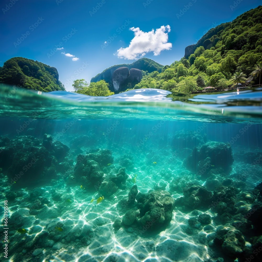 Koh phi phi picturesque landscape at sunny midday half underwater view