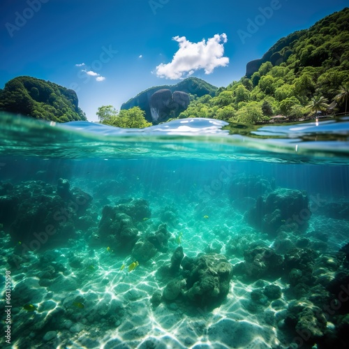 Koh phi phi picturesque landscape at sunny midday half underwater view © arthyeon