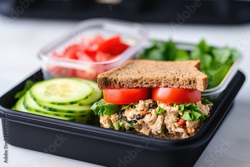 black lunchbox with a chicken salad sandwich