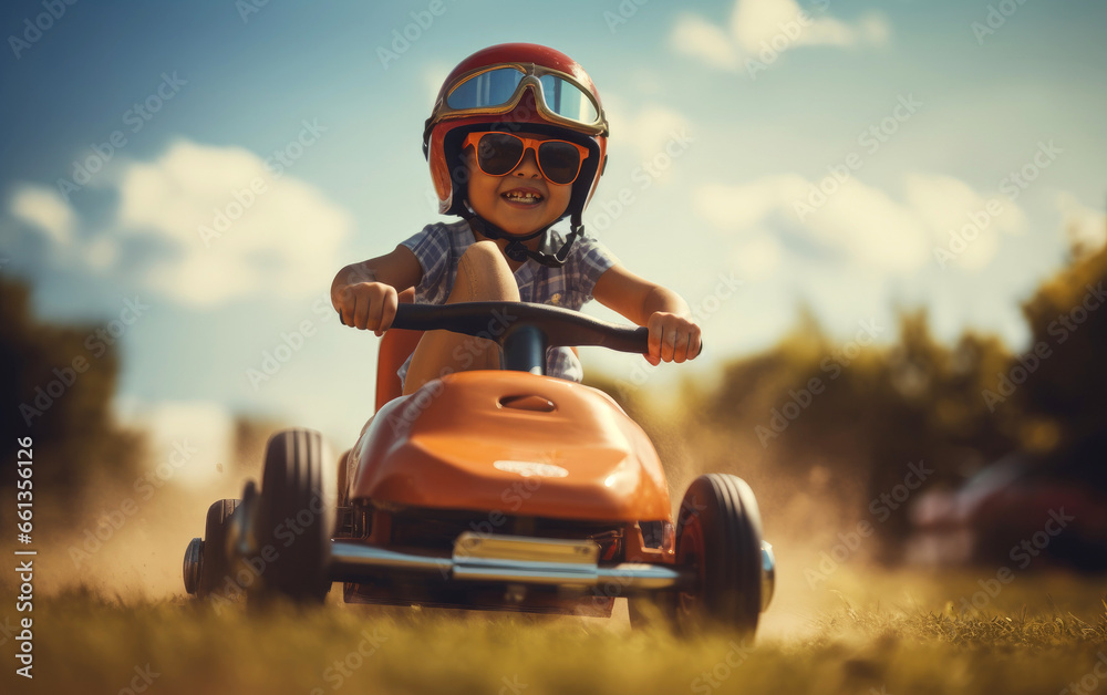 Young boy kid participating in a competitive race. He's behind the ...