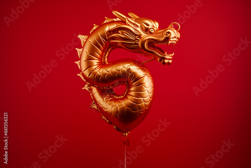 Chinese new year party  Gold Chinese zodiac dragon shape foil balloon on a red background for year 2024
