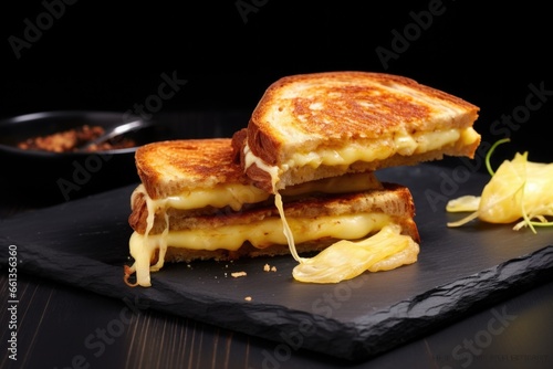 toasted cheese sandwich on a trendy black slate plate