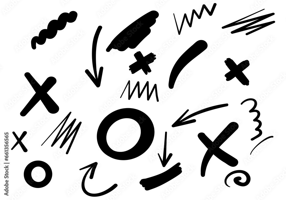 Hand drawn set curved and wavy brush strokes with waves, circles, arrows. Hand drawn set curved and wavy brush strokes with waves, circles, arrows.
