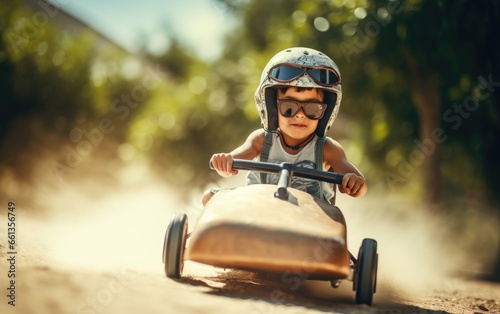 Young boy kid participating in a competitive race. He's behind the wheel of his racer car, speeding down a steep hill with determination and a thrill for speed