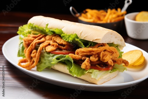 sandwich with fried calamari rings and lettuce on crisp roll