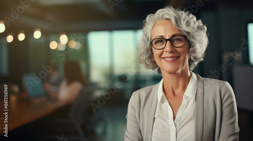 Portrait of smiling business woman in eyeglasses at the office, portrait of a businesswoman in the background.