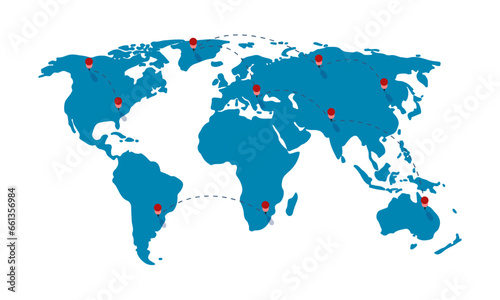 Vector world map with countries borders and red location pointers