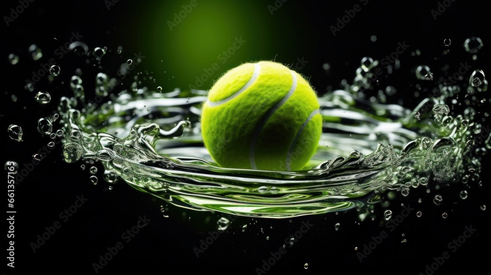 Tennis ball falling into water on black background. 3d illustration. 