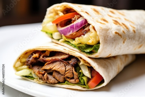 close-up of a juicy shawarma wrap on a white plate