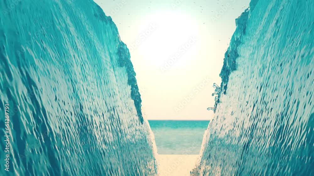 the sea splits in two. sunny sea open in the middle. 3d animation of the sea opening in two. a passage forms in the middle of the sea. 3d animation of a force field separating the water
