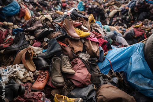 A pile of discarded, worn-out clothing and shoes in the middle of a squalid slum, highlighting issues of poverty and waste photo