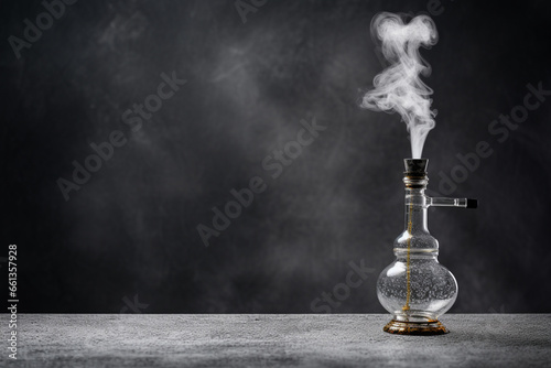 Glass bong on grey table against black background, space for text, Smoking device