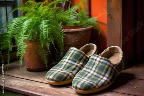 plaid slippers resting beside a potted fern on a rustic wooden porch