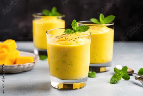 mango smoothie garnished with mint and chia seeds
