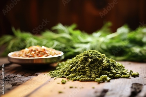 close focus on spelt pasta and pesto against a wooden backdrop