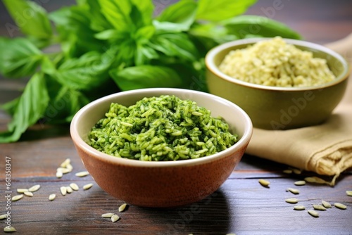 fresh green pesto in a bowl beside uncooked spelt pasta