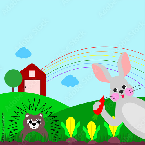 vector flat illustration for kids book and poem. Rabbit in the garden with flowers and with the view of rainbow.