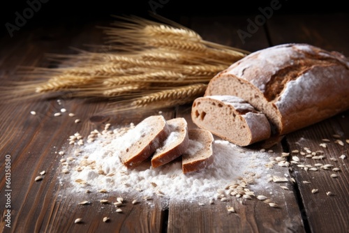 sprouted grain bread with scattered flour on wooden table