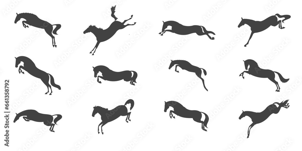 Horses in different jumping phases, vector silhouettes Horses in different jumping phases, vector silhouettes