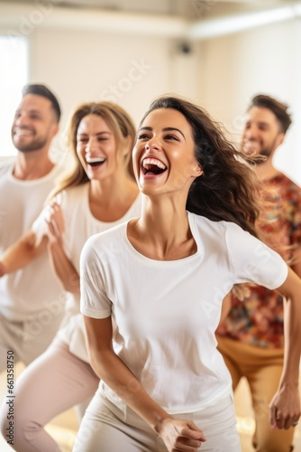 A group of diverse individuals engaging in a fun and energetic dance class, showcasing their enthusiasm and joy
