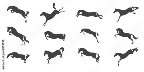 Horses in different jumping phases  vector silhouettes