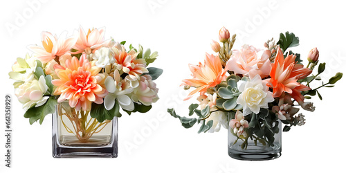 Some pink and orange 3D flowers in vase, isolated on transparent background