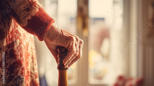 Elderly hands resting on stick indoor. Close up hands of old woman wearing red sweater holding walking stick. Old lady pensioner on a walking stick close up. Old lady holding walking stick. AI. photo