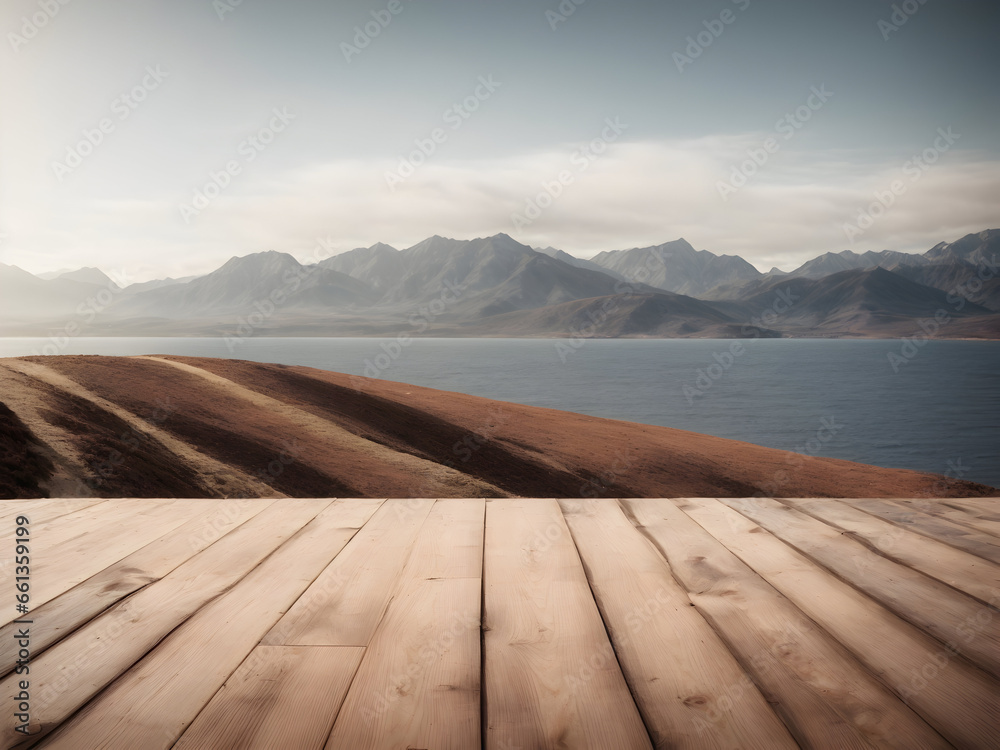 Empty wooden floor for product display montages with sea and mountain background with copy space 