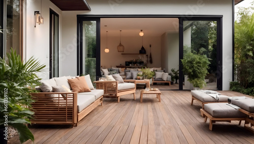 Contemporary outdoor lounge in backyard Terrace house with wooden floor comfy seating and wicker ottoman Cozy patio or balcony space for relaxation Wooden veranda with outdoor furniture copy space photo