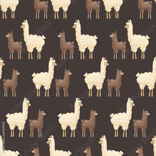 Seamless pattern with cute mother llama and baby on dark background. Mother alpaca with baby alpaca. Creative kids, childish background. For textile, fabric, clothing, wrapping paper.