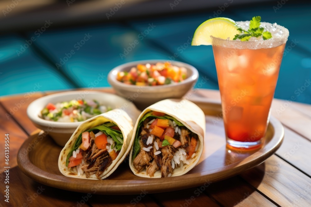 fajita-style tacos accompanied by a refreshing iced beverage fajita-style tacos accompanied by a refreshing iced beverage