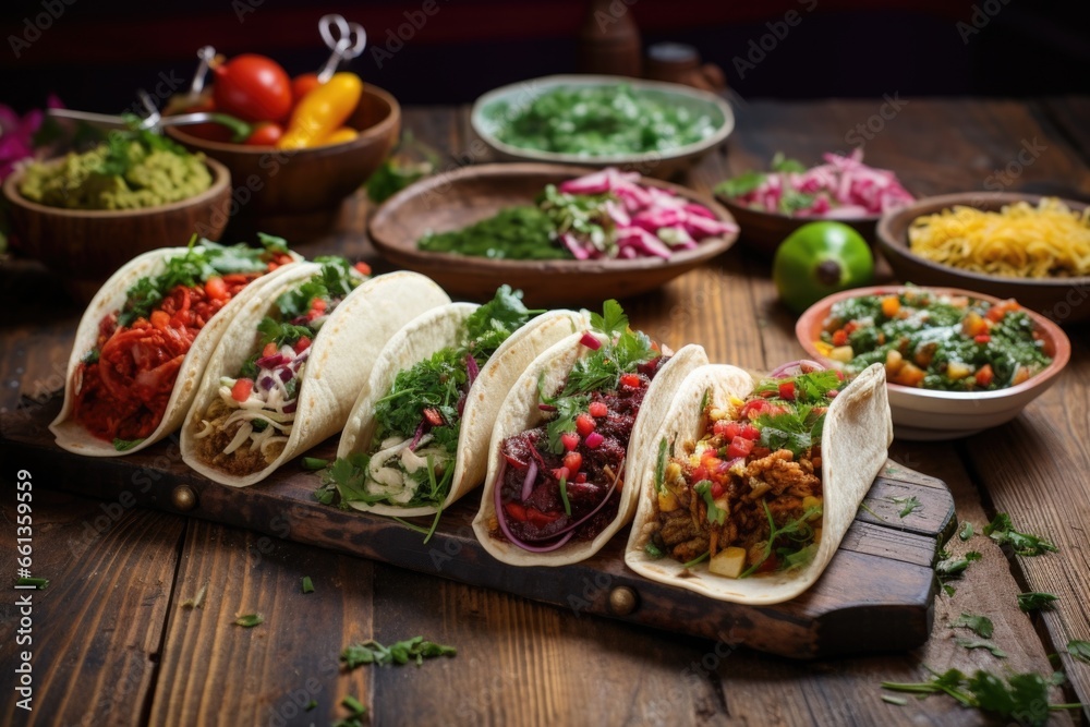 variety of tacos with different fillings on rustic table variety of tacos with different fillings on rustic table