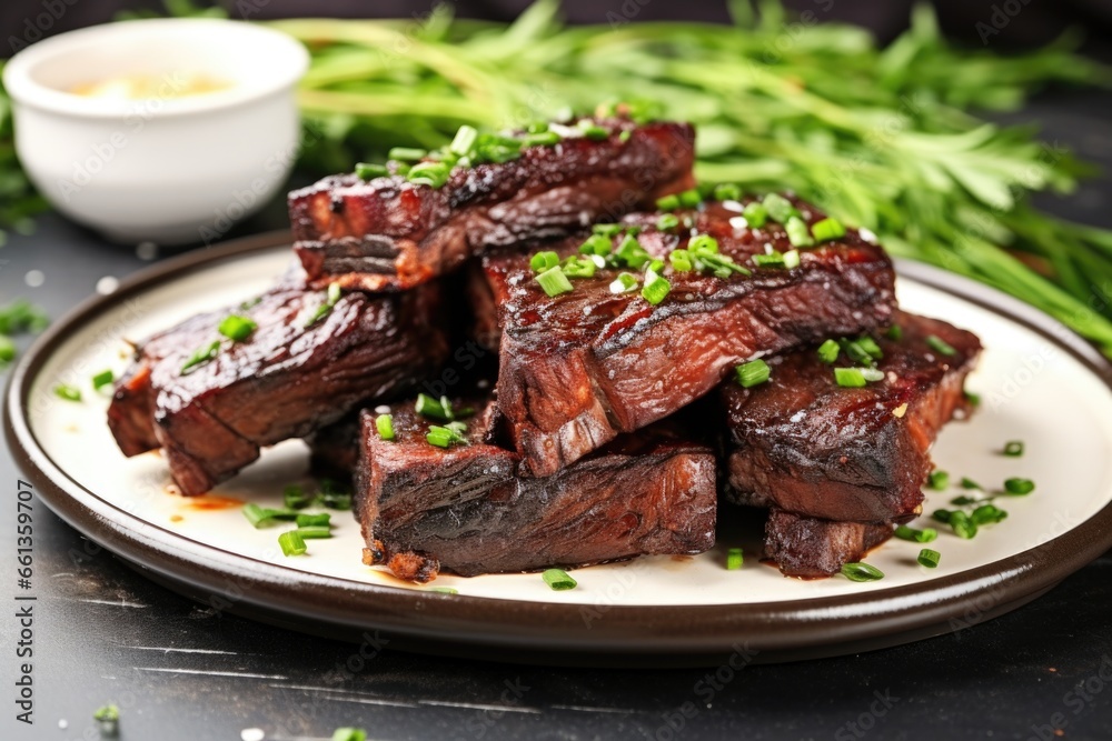 bbq beef ribs garnished with fresh chives on plate