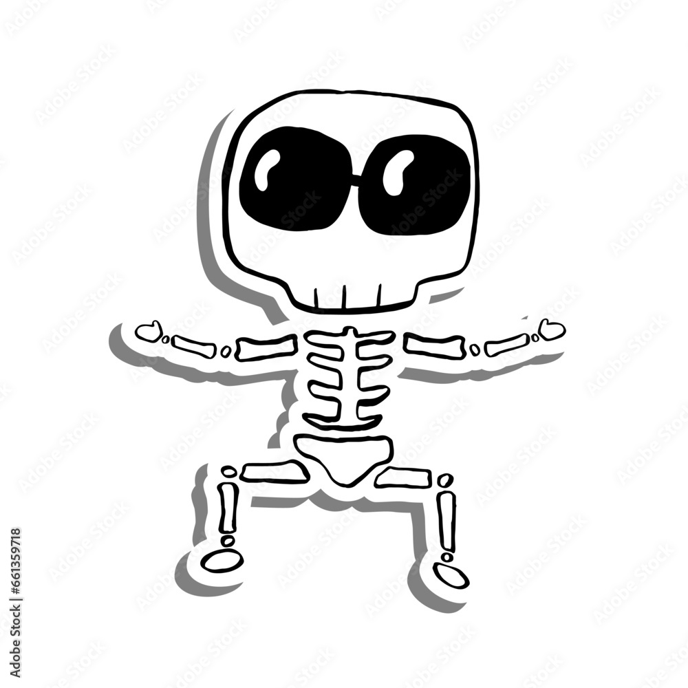 Cute cartoon Skeleton Wear Dark Glasses on white silhouette and gray shadow. Vector illustration about halloween.