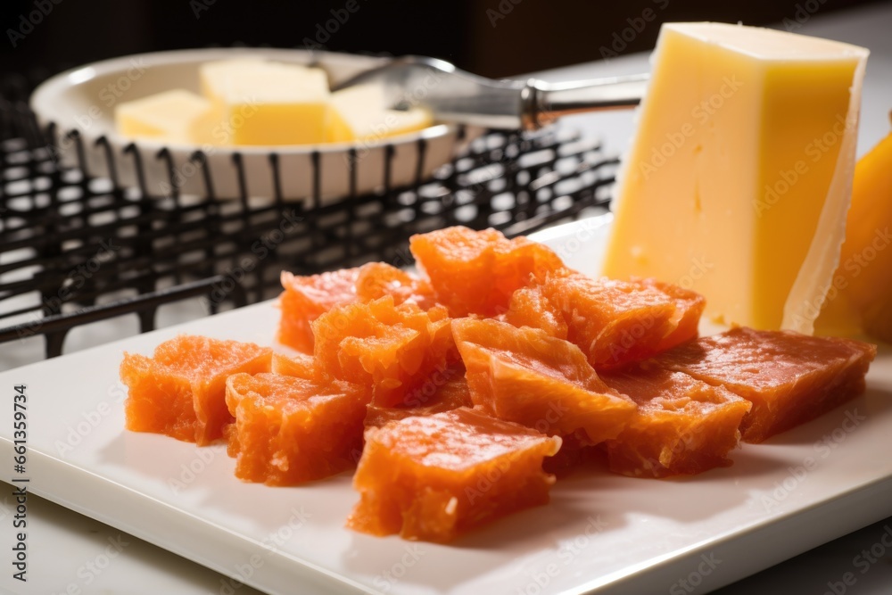 grating manchego cheese over slices of membrillo quince paste Stock