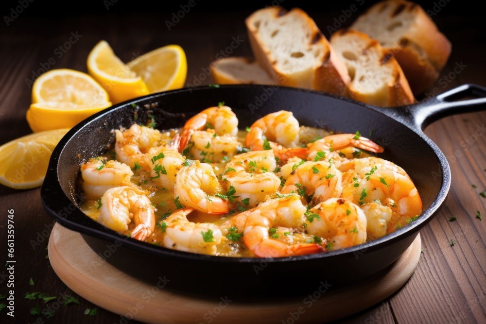 shrimp and garlic tapas in a small skillet shrimp and garlic tapas in a small skillet