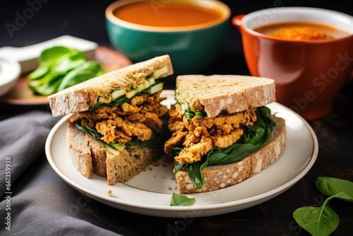 brown bread tempeh sandwich with a bowl of soup