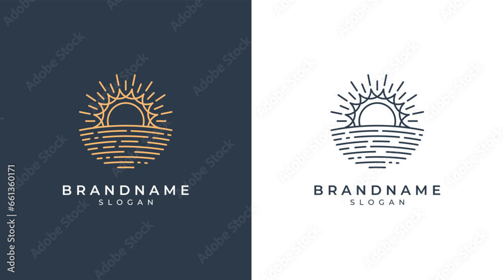 Fototapeta premium Sun logo with sea wave vector design. Sun logo icon. Luxury abstract sun logo vector