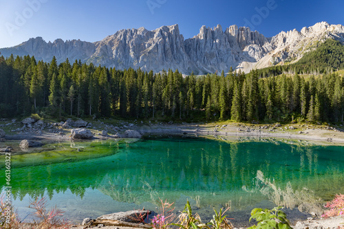 View of Carezza lake  Dolomites  Italy
