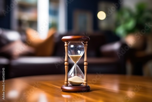 close-up of hourglass on a therapists wooden desk