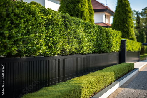 Green hedge Metal Fence of residential house luxury