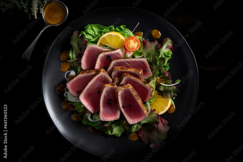 from above of seared ahi tuna tataki salad, top view, generative ai from above of seared ahi tuna tataki salad, top view, generative ai