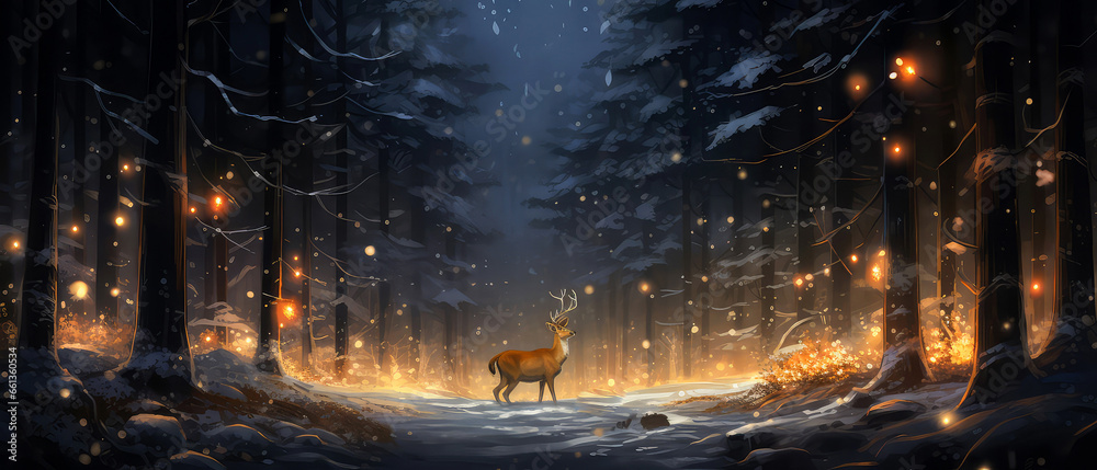 Wild Christmas deer in snowy fairy forest, mystery woodland. Cute winter holidays illustration. New Year greeting card, Generative ai