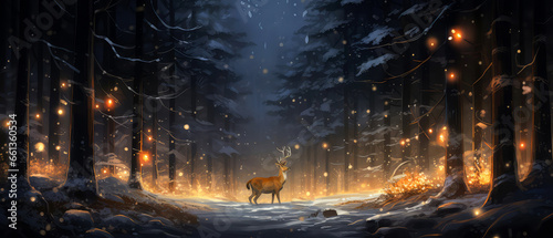 Wild Christmas deer in snowy fairy forest  mystery woodland. Cute winter holidays illustration. New Year greeting card  Generative ai